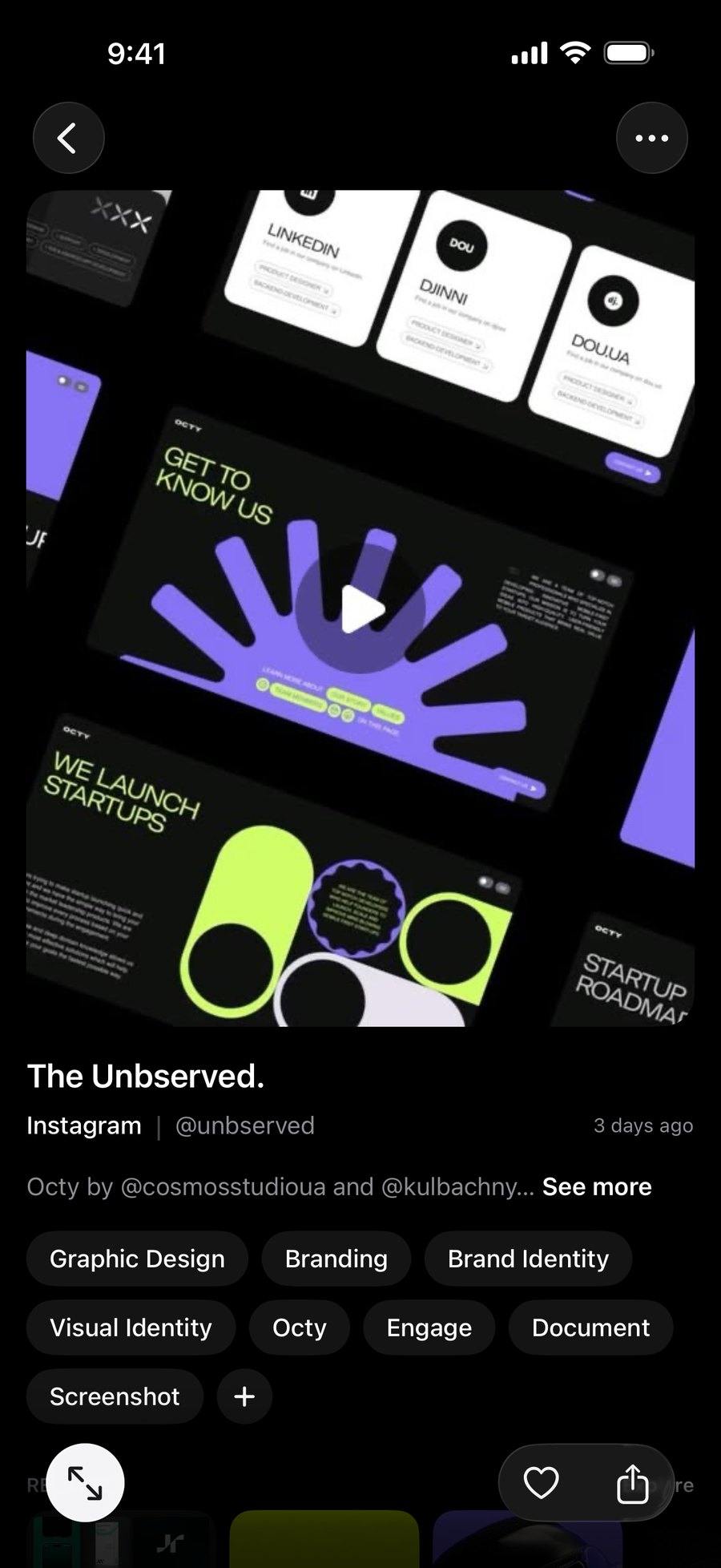 A saved Instagram post open in Stashtela, with its tags and buttons to like and share it.
