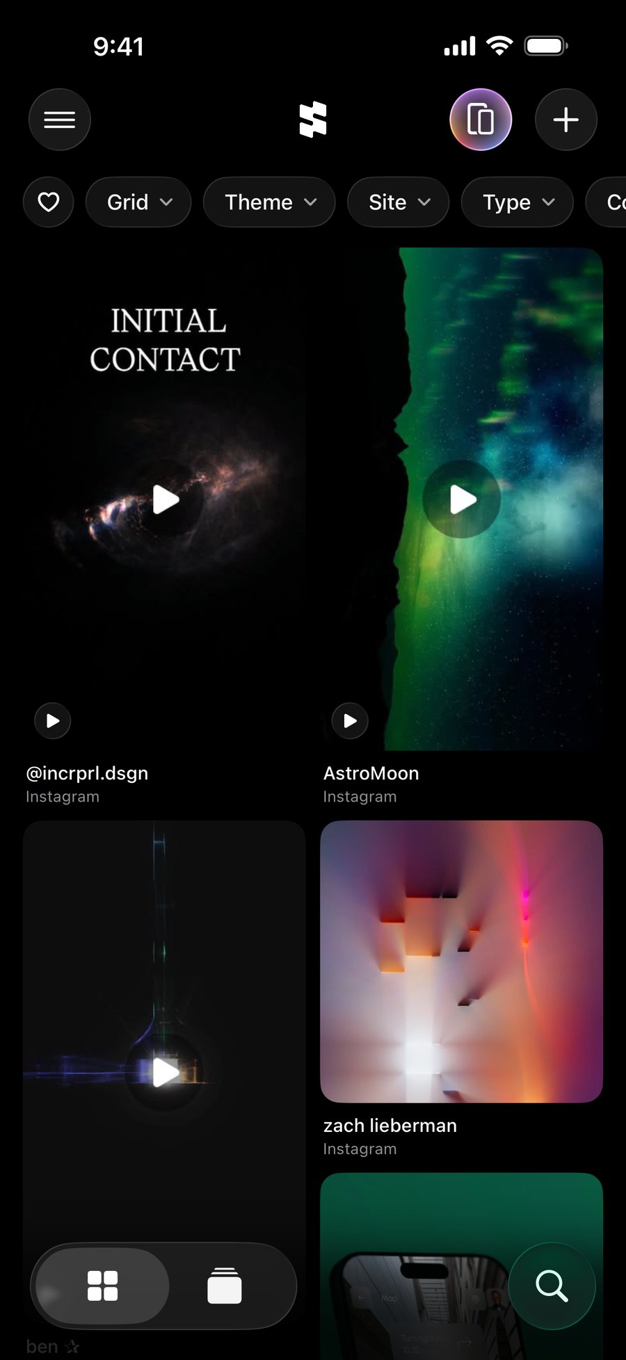 Stashtela’s Grid with saved pictures, videos, and filters.